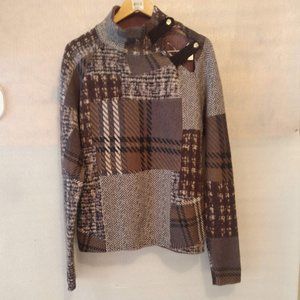 size XL Brown Asymmetrical collar Patchwork design Oversized sweater 100%WOOL